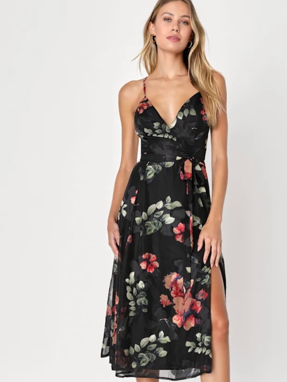Lulus Black Floral Midi Dress Spaghetti Strap Wrap Style V- Neck
